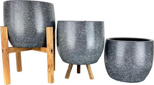 Gri Granit Toprak Saksı Saksılık Salon Çiçeklik Üçlü Set- 19 CM