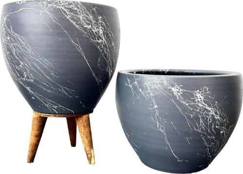 Gri Üzeri Beyaz Mermer Efektli Toprak Saksı Saksılık Salon Çiçeklik İkili Set Ayaksız - 3 Ayaklı- 15 Cm