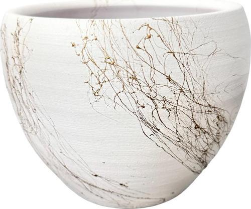 Beyaz Üzeri Gold Mermer Efektli Toprak Saksı Saksılık Salon Çiçeklik - 15 Cm