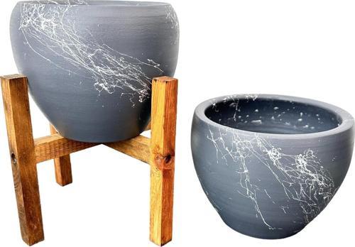 Gri Üzeri Beyaz Mermer Efektli Toprak Saksı Saksılık Salon Çiçeklik İkili Set Ayaksız - 4 Ayaklı- 15 Cm
