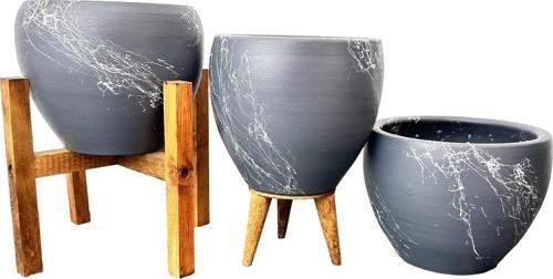 Gri Üzeri Beyaz Mermer Efektli Toprak Saksı Saksılık Salon Çiçeklik Üçlü Set - 15 Cm