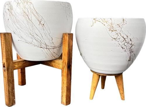Beyaz Üzeri Gold Mermer Efektli Toprak Saksı Saksılık Salon Çiçeklik İkili Set 3 Ayaklı- 4 Ayaklı- 15 Cm