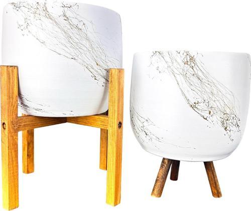 Beyaz Üzeri Gold Mermer Efektli Toprak Saksı Saksılık Salon Çiçeklik İkili Set 3 Ayaklı- 4 Ayaklı- 19 CM