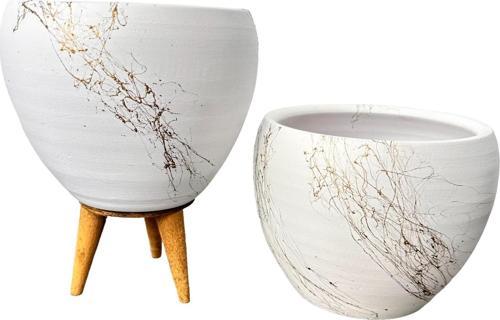 Beyaz Üzeri Gold Mermer Efektli Toprak Saksı Saksılık Salon Çiçeklik İkili Set Ayaksız - 3 Ayaklı- 15 Cm