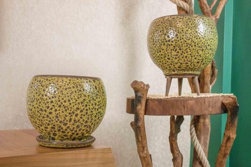 Hardal Sarısı Şekilli Artistik Çift Sırlı İç ve Dış Mekan Kullanımlı Tabaklı ve Ayaklı Toprak Terrakota S