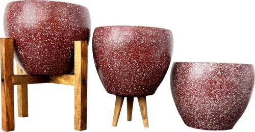 Bordo Granit Toprak Saksı Saksılık Salon Çiçeklik Üçlü Set - 15 CM