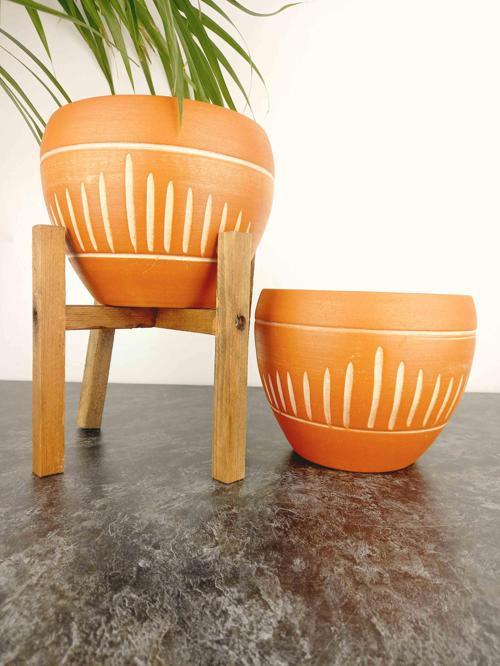 Dik Çizgi Desenli Terrakota Toprak Saksı Saksılık Salon Çiçeklik İkili Set Ayaksız - 4 Ayaklı- 15 Cm