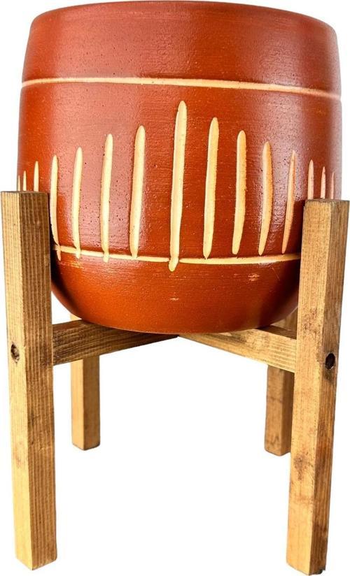 Dik Çizgi Desenli Toprak Saksı Saksılık Salon Çiçeklik 4 Ayaklı - 19 CM