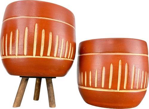 Dik Çizgi Desenli Toprak Saksı Saksılık Salon Çiçeklik İkili Set Ayaksız - 3 Ayaklı- 19 CM