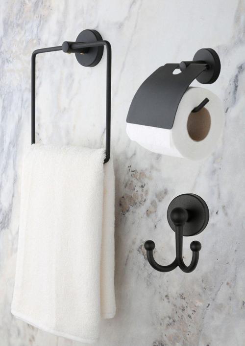 Banyo Aksesuar Seti Siyah Kare Havluluk Tuvalet Kağıtlığı Bornozluk Mat Siyah