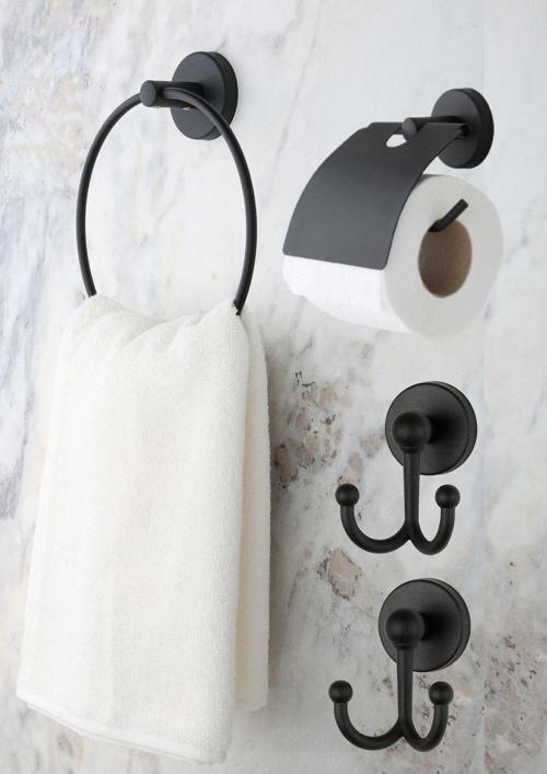 Banyo Aksesuar Seti Yuvarlak Havluluk Kapaklı Tuvalet Kağıtlığı Bornozluk X2 - Mat Siyah