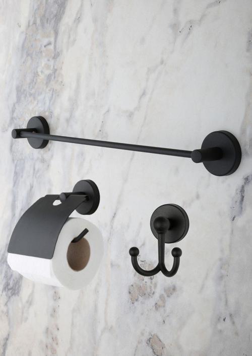 Banyo Seti, Siyah, Düz Havluluk, Kapaklı Tuvalet Kağıtlığı, Bornozluk - Mat Siyah