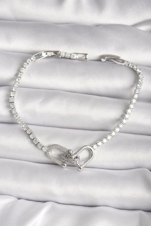 Pirinç Gümüş Renk Su Yolu Zirkon Taşlı Tiffany Model Kadın Bileklik - TJ-BB6630