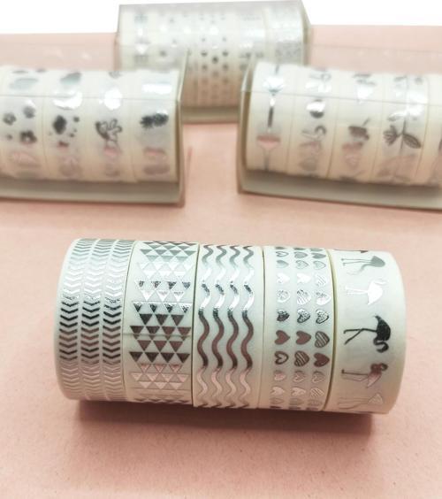 Gümüş Yaldızlı Vintage Washi Tape Bant Yapışkanlı Maskeleme Kağıdı 5 li - Flamingo