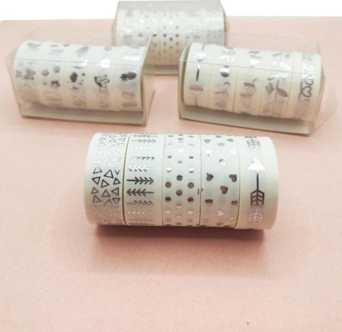 Gümüş Yaldızlı Vintage Washi Tape Bant Yapışkanlı Maskeleme Kağıdı 5 li - Üçgen Kalp Ok
