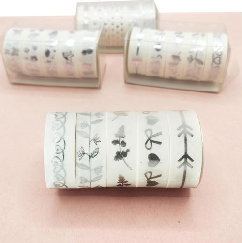 Gümüş Yaldızlı Vintage Washi Tape Bant Yapışkanlı Maskeleme Kağıdı 6 lı - Kalp Çiçek