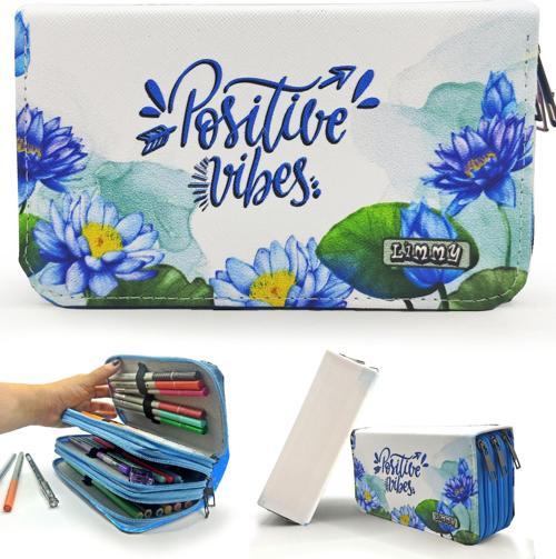 Kalem Kutusu Lotus Positive Vibes Kawai Organizer Kalemkutu Vegan Deri Üç Bölmeli Kalemlik Mavi