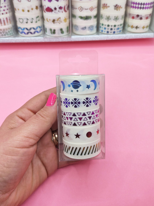 Renkli Yaldızlı Vintage Washi Tape Bant Yapışkanlı Maskeleme Kağıdı 5 lı - Gezegen