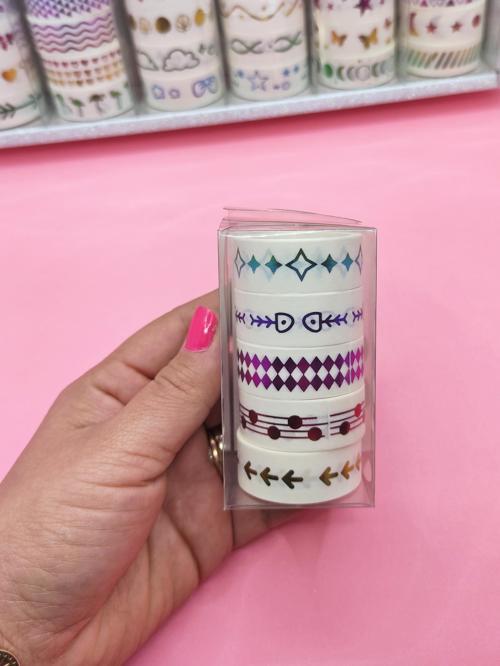 Renkli Yaldızlı Vintage Washi Tape Bant Yapışkanlı Maskeleme Kağıdı 5 lı - Işıltı
