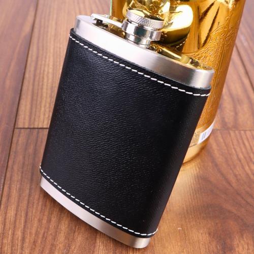 8 Oz 235 cc Hunili Siyah Hakiki Deri Kılıflı Çelik Viski İçki Matarası