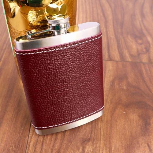 8 Oz 235 cc Hunili Kızıl Kahverengi Hakiki Deri Kılıflı Çelik Viski İçki Matarası