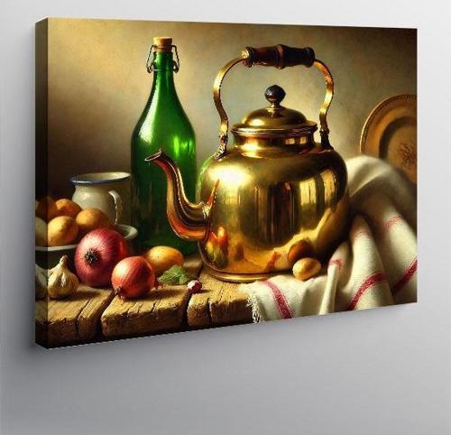 Kanvas Tablo Altın Çaydanlık Ve Üzüm