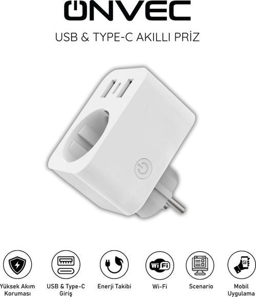 Usb Type-c Akıllı Tekli Priz, WiFi + BLE, Google Home ve Amazon Alexa Uyumlu, Uzaktan Kontrol