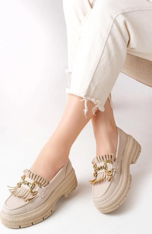 Bej Tokalı Günlük Yüksek Tabanlı Loafer Ayakkabı