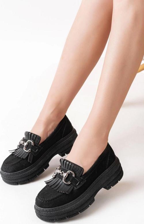 Siyah Süet Tokalı Günlük Yüksek Tabanlı Loafer Ayakkabı
