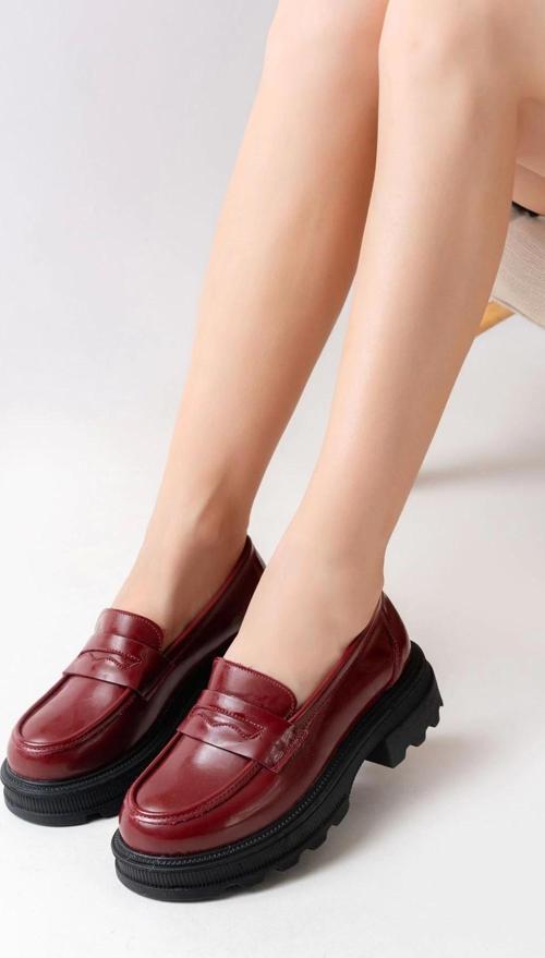 Bordo Rugan Günlük Yüksek Tabanlı Loafer Ayakkabı