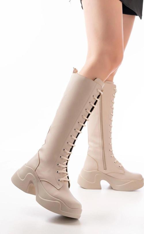 Bej Yüksek Tabanlı Bağcıklı Fermuarlı Günlük Kadın Çizme
