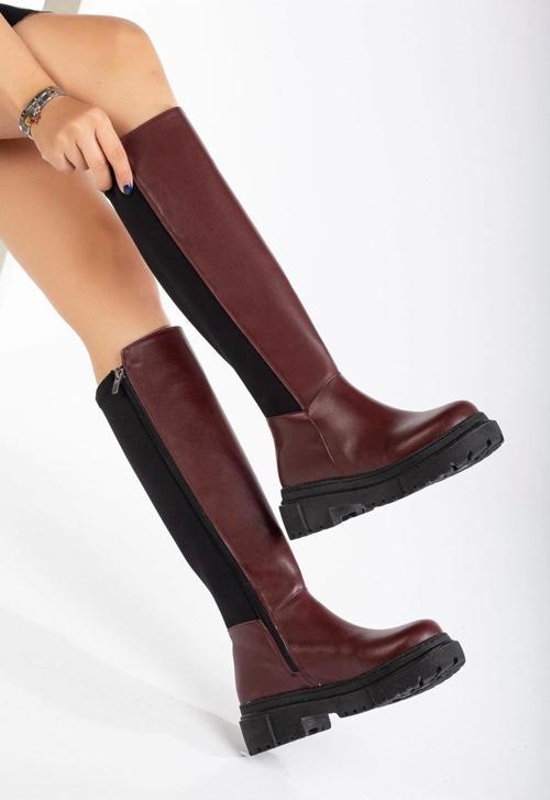 Bordo Arkası Streç Fermuarlı Günlük Kadın Çizme