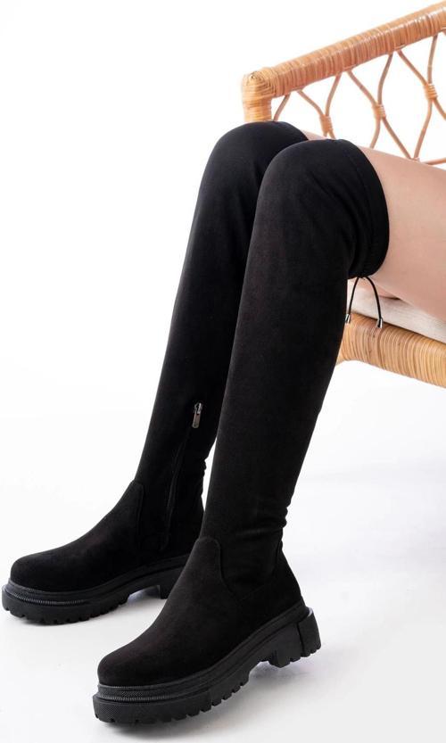 Siyah Süet Fermuarlı Diz Üstü Bağcıklı Çorap Günlük Kadın Çizme
