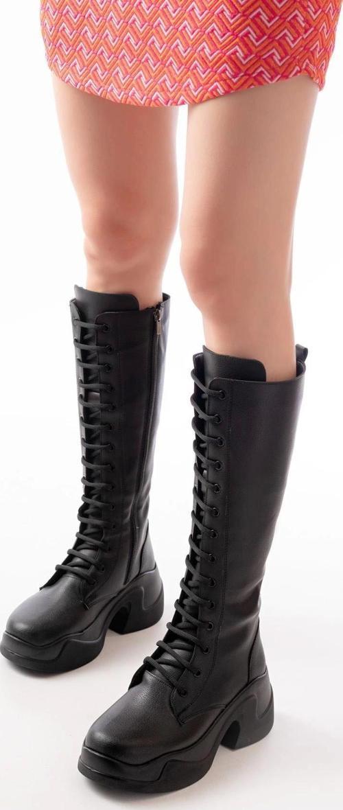 Siyah Yüksek Tabanlı Bağcıklı Fermuarlı Günlük Kadın Çizme