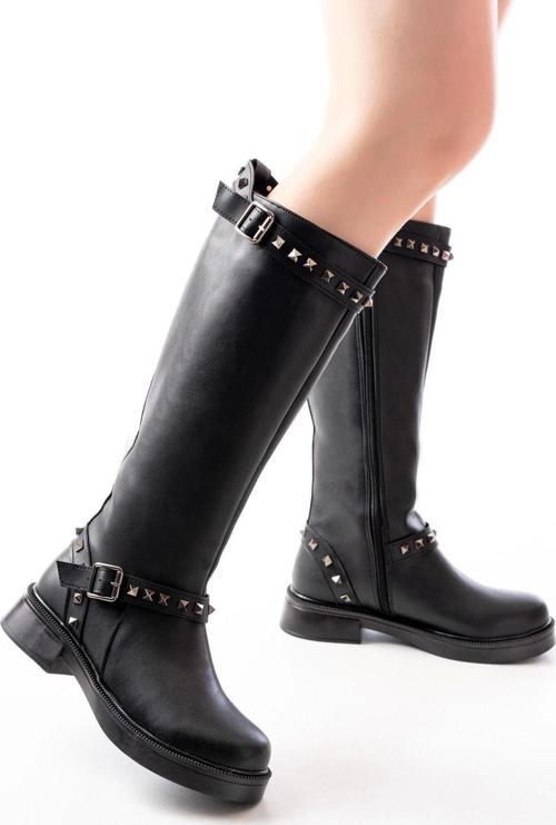 Siyah Düz Topuklu Günlük Kadın Binici Çizme