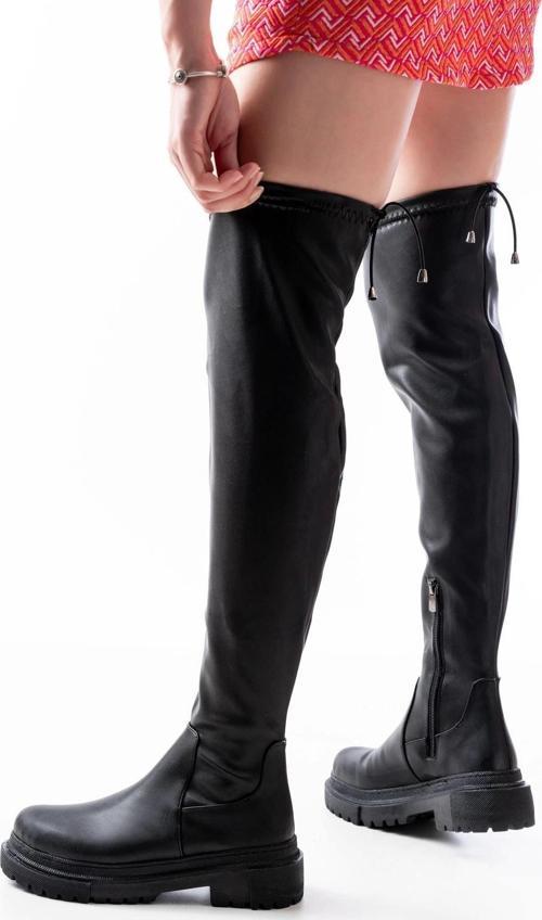 Siyah Fermuarlı Diz Üstü Bağcıklı Çorap Günlük Kadın Çizme