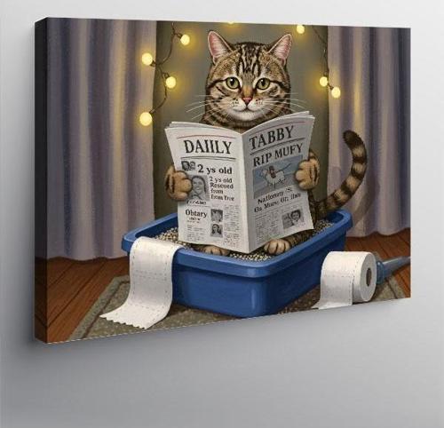 Kanvas Tablo Gazete Okuyan Kedi