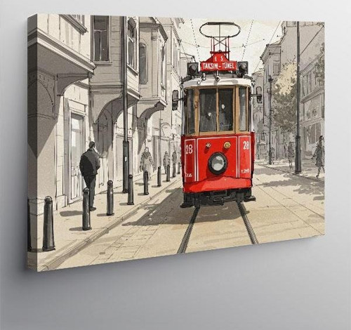 Kanvas Tablo Kırmızı Tramvay Sokakta