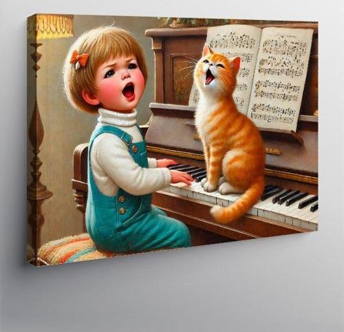 Kanvas Tablo Piyanist Kız Ve Kedi