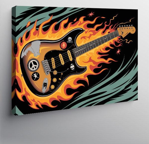 Kanvas Tablo Alevler İçinde Gitar