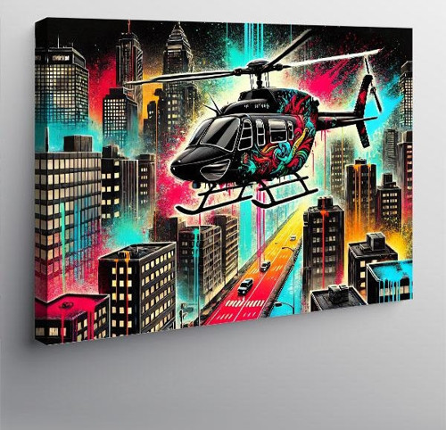 Kanvas Tablo Neon Şehirde Helikopter