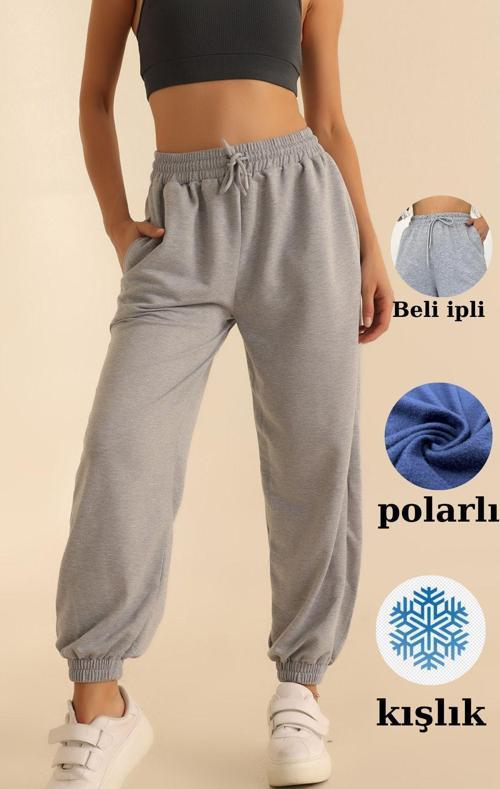 Kadın Yüksek Bel Içi Polarlı Üç Iplik Gri Eşofman Altı - WAK