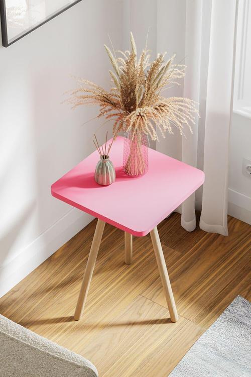 Kare Yan Sehpa Ahşap Ayaklı Tekli Zigon Sehpa Pembe