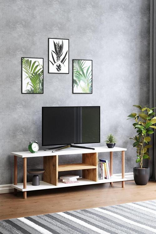 Tv Sehpası Raflı Tv Ünitesi Televizyon Sehpası Ahşap Ayaklı Beyaz - Çam Raflı