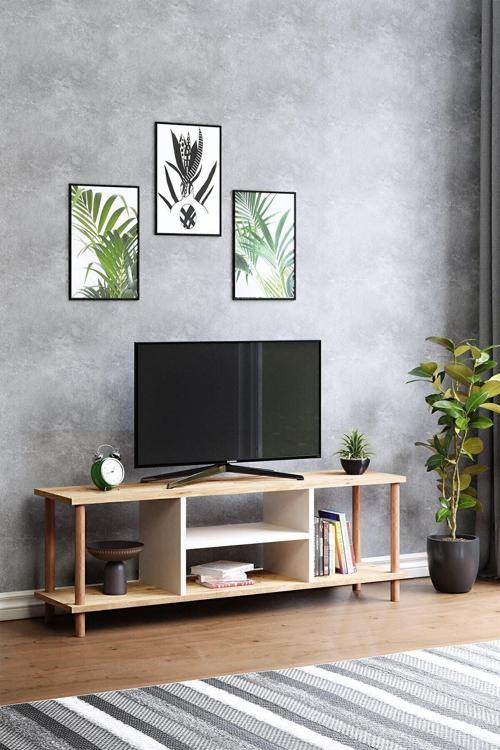 Tv Sehpası Raflı Tv Ünitesi Televizyon Sehpası Ahşap Ayaklı Çam-Beyaz Raflı