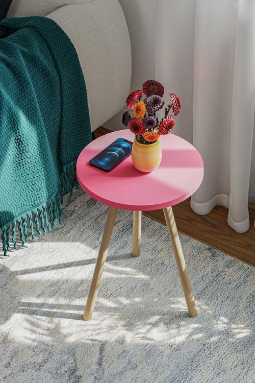 Yuvarlak Yan Sehpa Ahşap Ayaklı Tekli Zigon Sehpa Pembe
