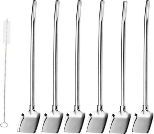 6'lı Paslanmaz Krom Pipetli Latte Kaşığı Kokteyl Kaşığı Ve Temizleme Fırçası, 22 Cm Kürek Model
