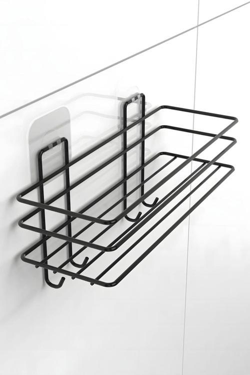 Yapışkanlı 4 Kancalı Banyo Rafı Mat Siyah Banyo Şampuanlık Duşakabin Duş Askısı