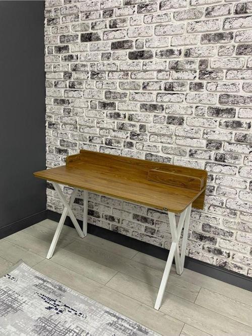 Güneş Ceviz Çalışma Masası Bilgisayar Ofis Masası Metal Beyaz Ayaklı Kalemlik 120 Cm
