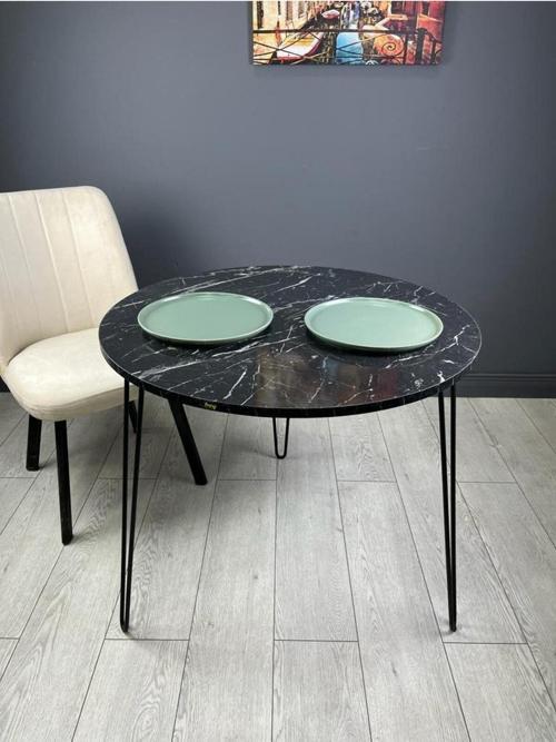 Relax Siyah Mermer Yuvarlak Mutfak Masası Yemek Masa Balkon Masa Fiskos Masa Metal Siyah Ayak 80 Cm